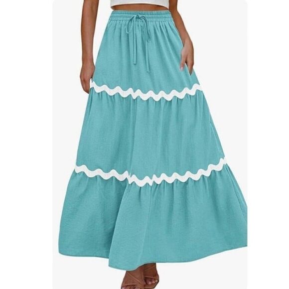 KIRUNDO Blue & White Tiered Elastic Waistband Bohemian Peasant Maxi Skirt Large - Picture 1 of 10
